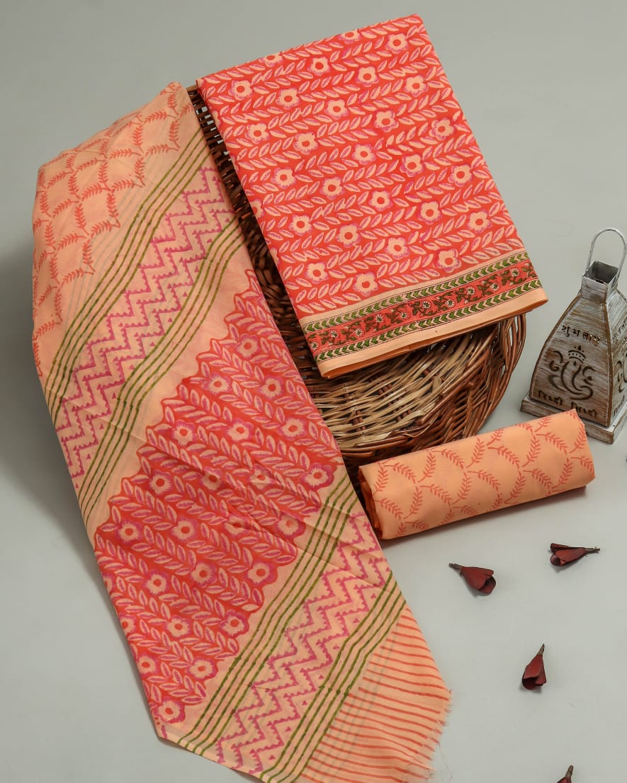 Orangish Pink Vertical Floral Block Printed Cotton Three Piece Suit Fabric