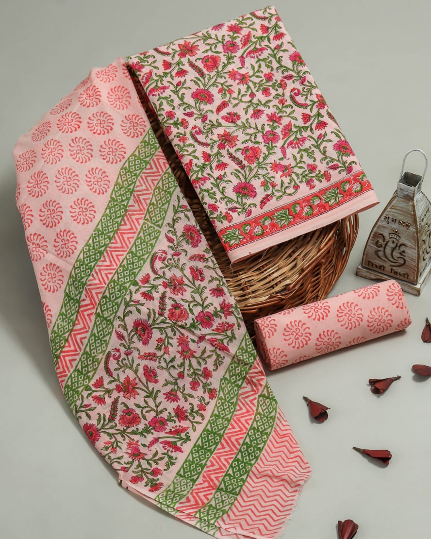 Hand Block Printed Cotton Three Piece Suit Fabric front view