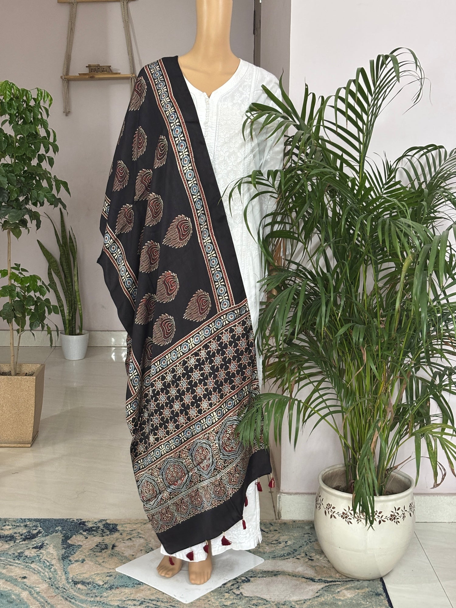 black ajrakh modal stole, big buta stole, front view.