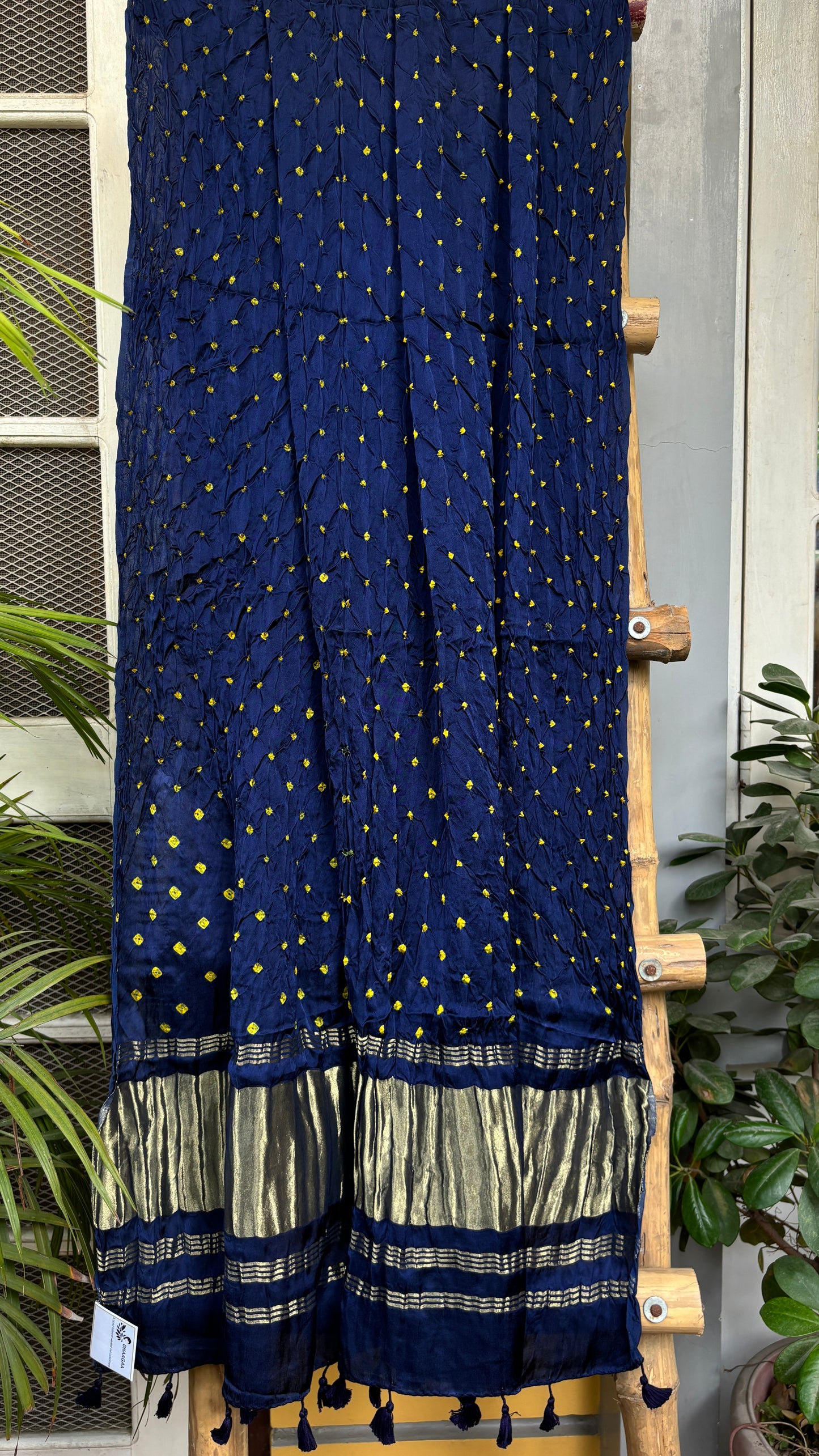 Navy Blue Modal Dupatta with Yellow Bandhej Dupatta