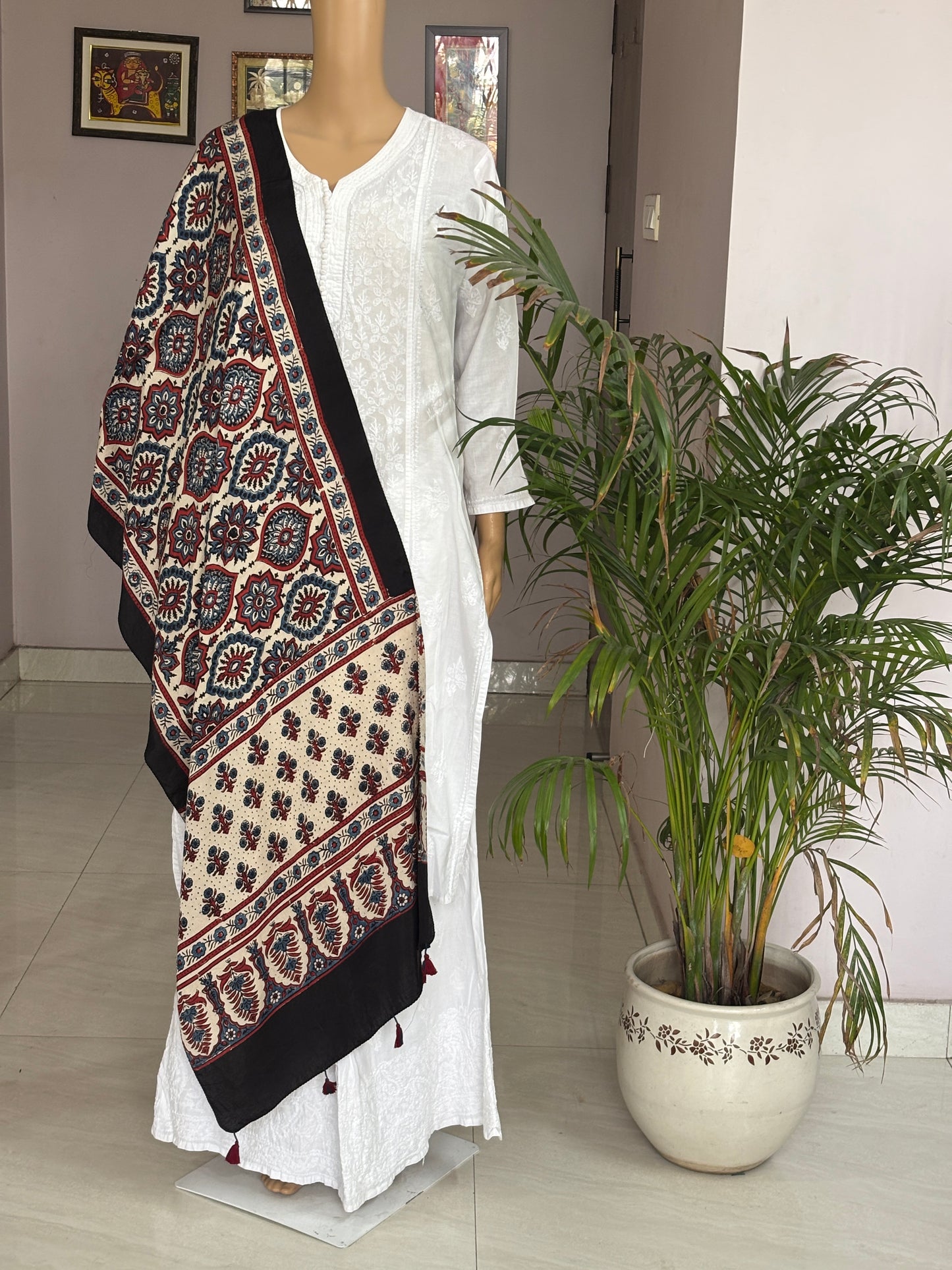 Pale Ivory Colour Natural Dyed Ajrakh Badambuta Stole