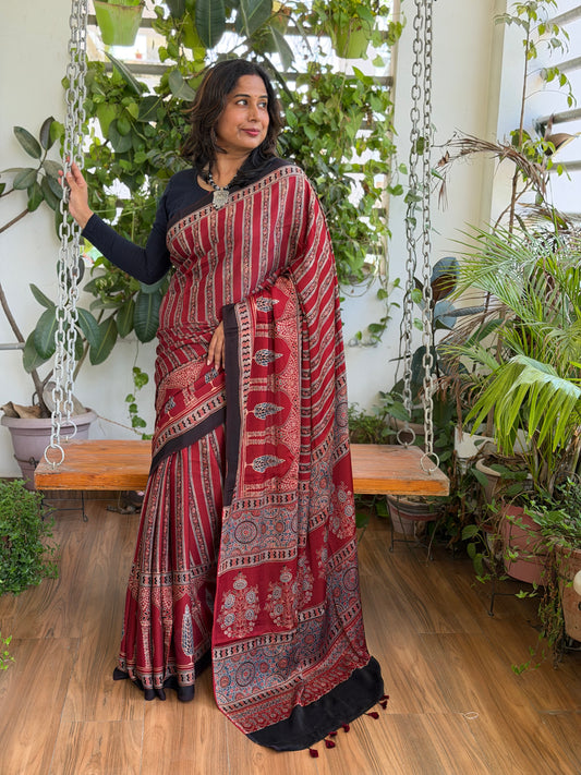 Madder Colour Ajrakh Modal Saree