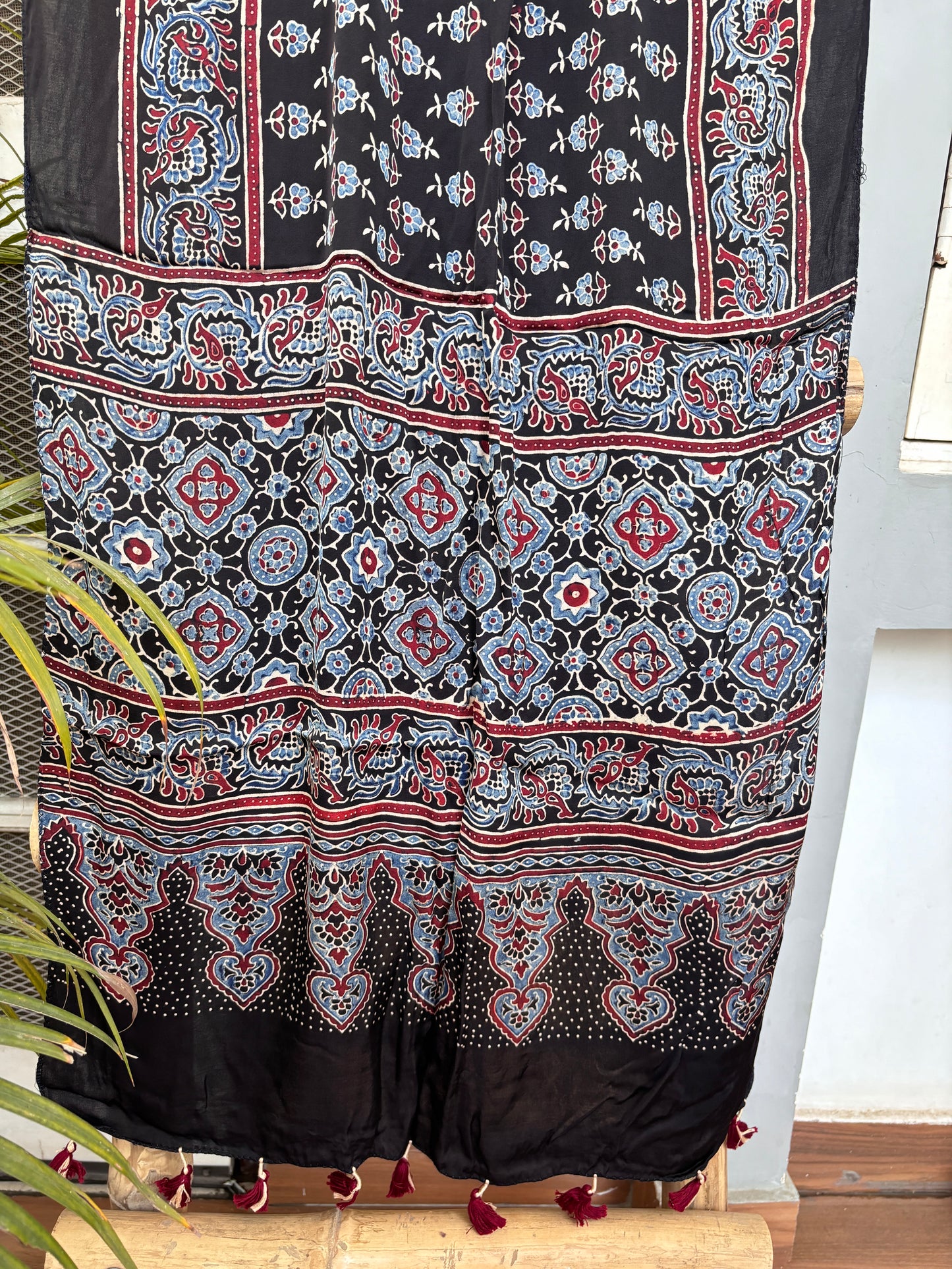 Ajrakh Stoles- Natural Dyed Black Colour Small Buta Stole