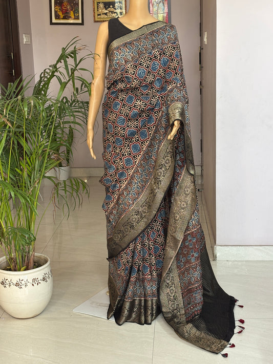 Black and Indigo Colour  Ajrakh Saree In Dola Silk
