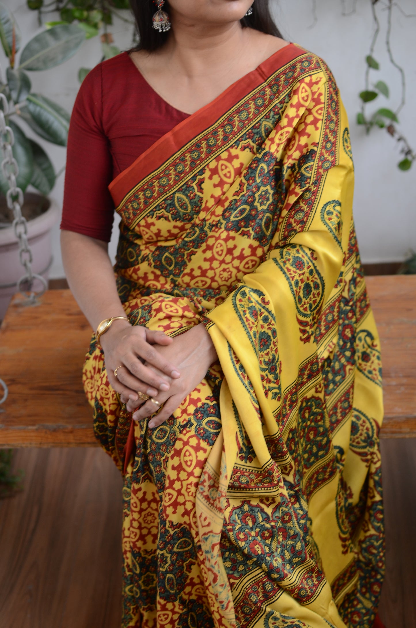 Shagun (Natural Dyed Yellow, Green and Madder Colour Ajrakh Motif Pure Modal Saree)