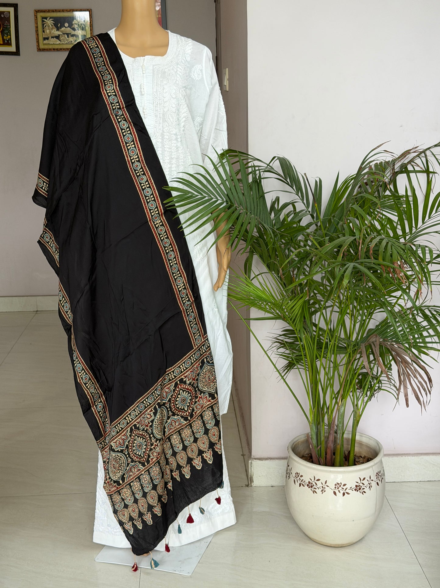 Black Contemporary Ajrakh Hand Block Printed Modal Stole