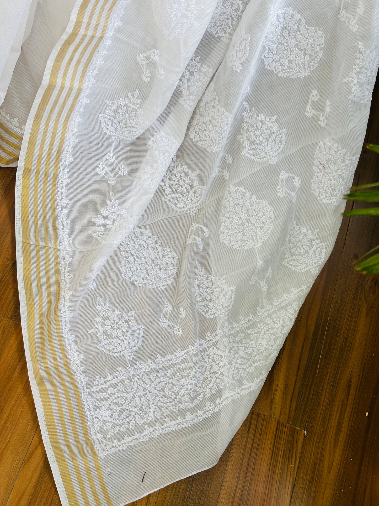 White Colour Candri Cotton Chikankari Hand Embroidered Saree
