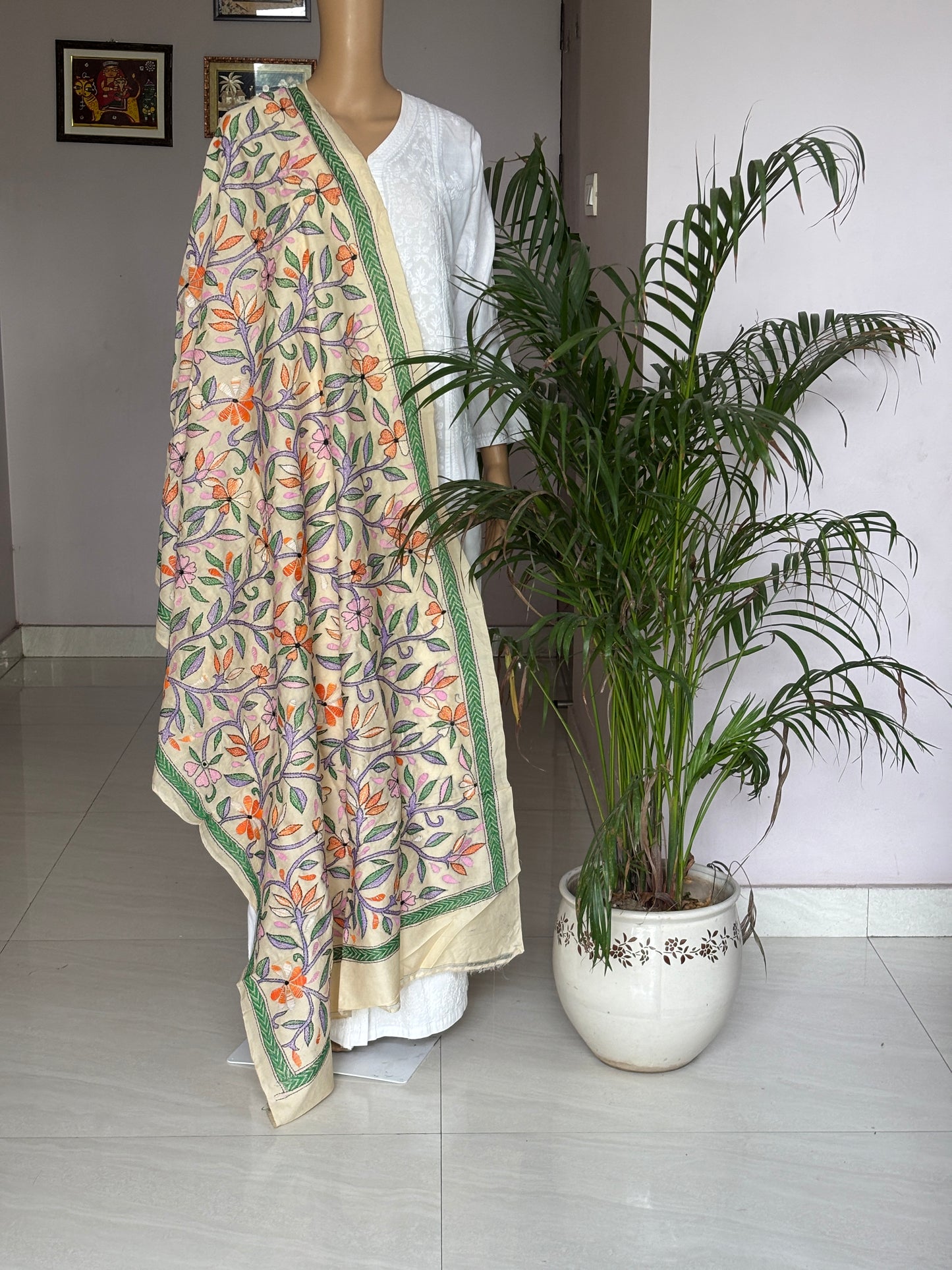 Kantha Hand Embroidered Blended Bangalore Silk Multicolour Floral Dupatta