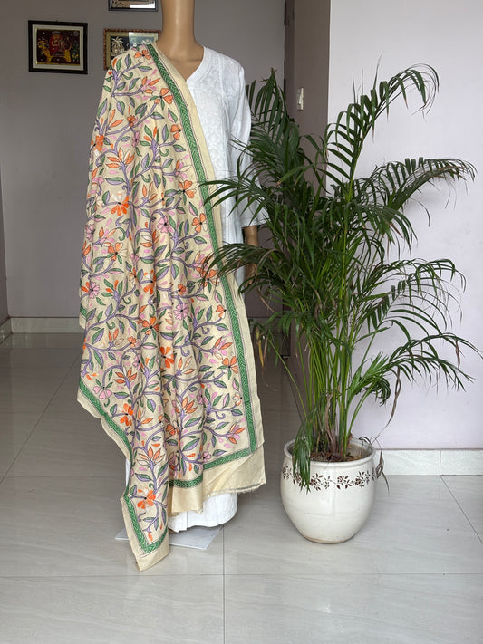 Kantha Hand Embroidered Blended Bangalore Silk Multicolour Floral Dupatta