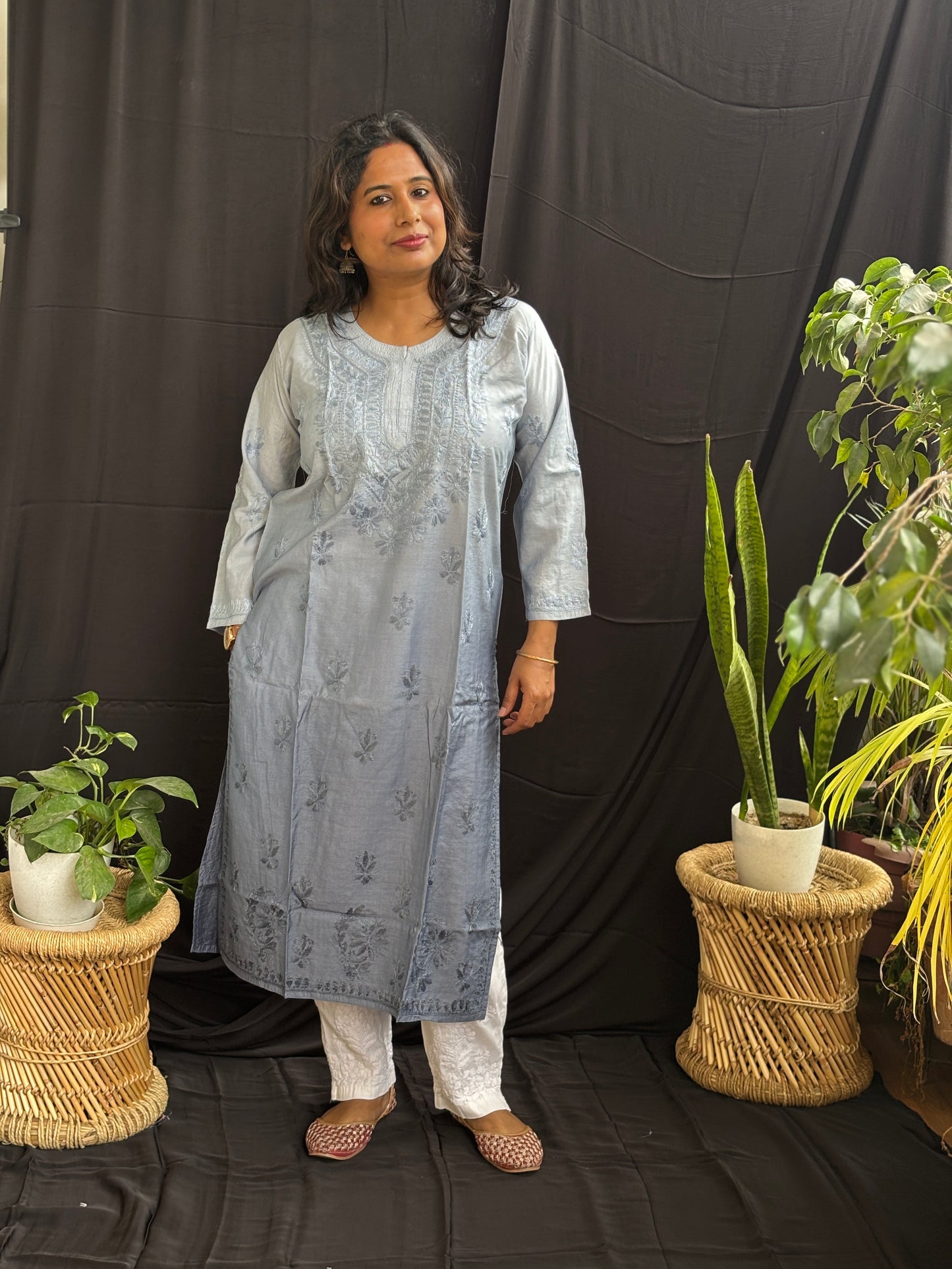 Chanderi Cotton Chikan Hand Embroidered Ombre Dyed Kurti