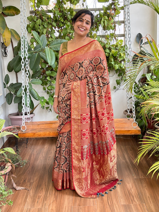 Utsav- Beautiful Natural Dyed Ajrakh Traditional Motif Dola Silk Saree