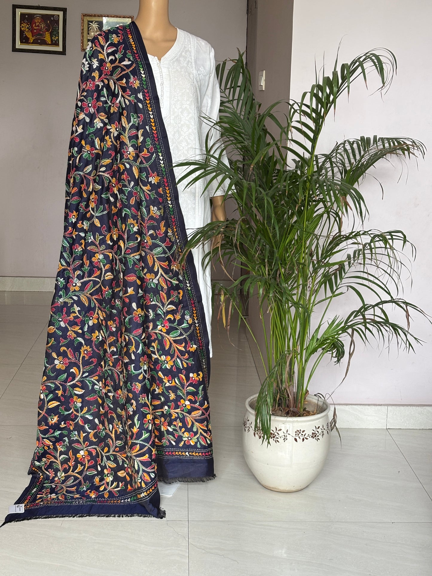 Kantha Hand Embroidered Blended Bangalore Silk Navy Blue Multicolour Floral Dupatta