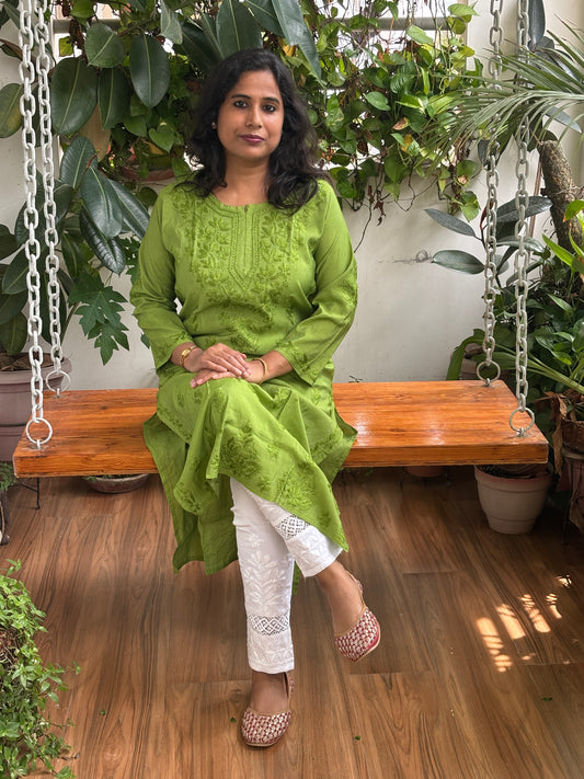 Chanderi Chikan Hand Embroidered Kurti sitting view