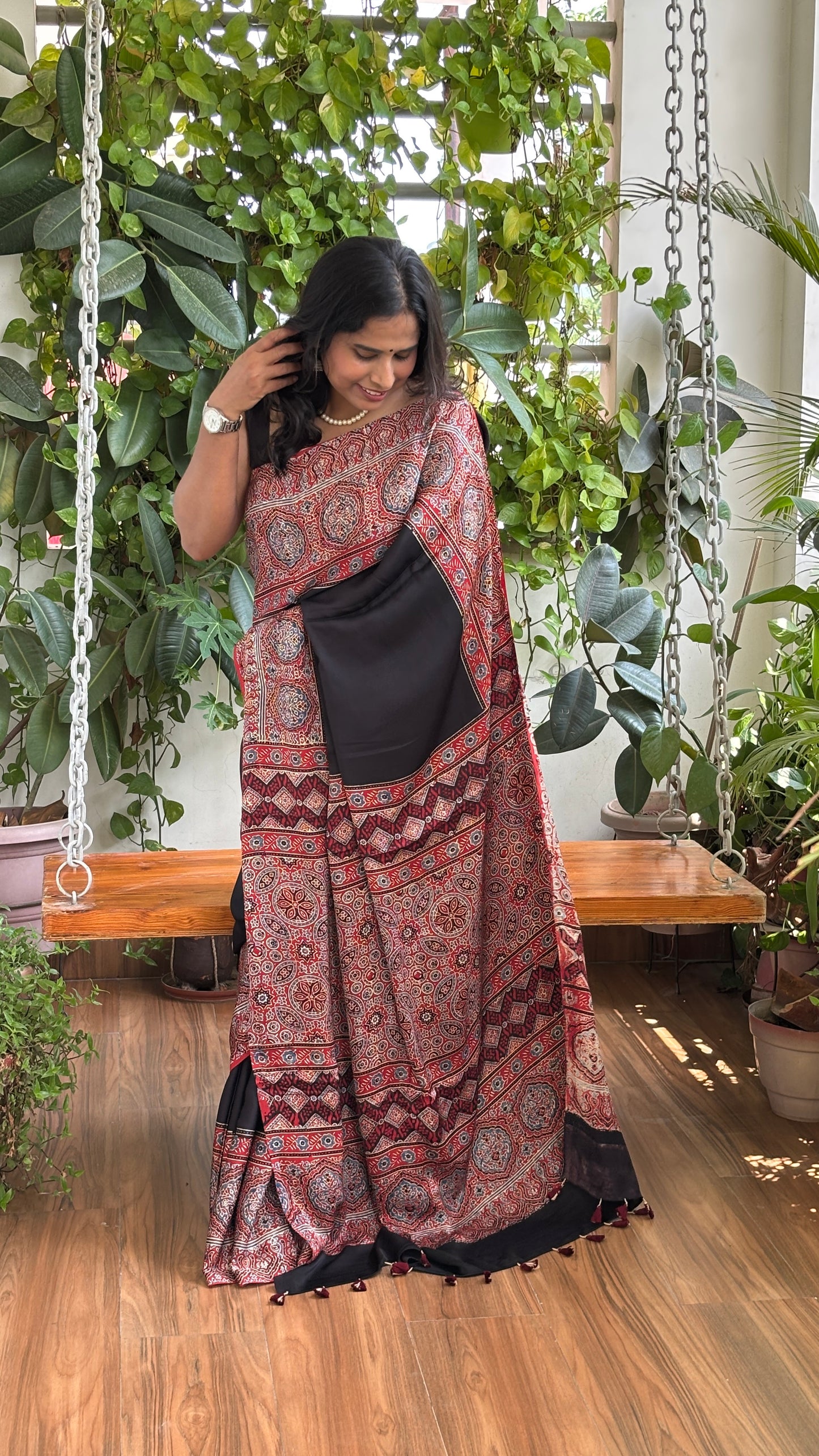 Dhoop - Natural Dyed Black And Madder Colour Ajrakh Modal Saree with Traditional Motifs