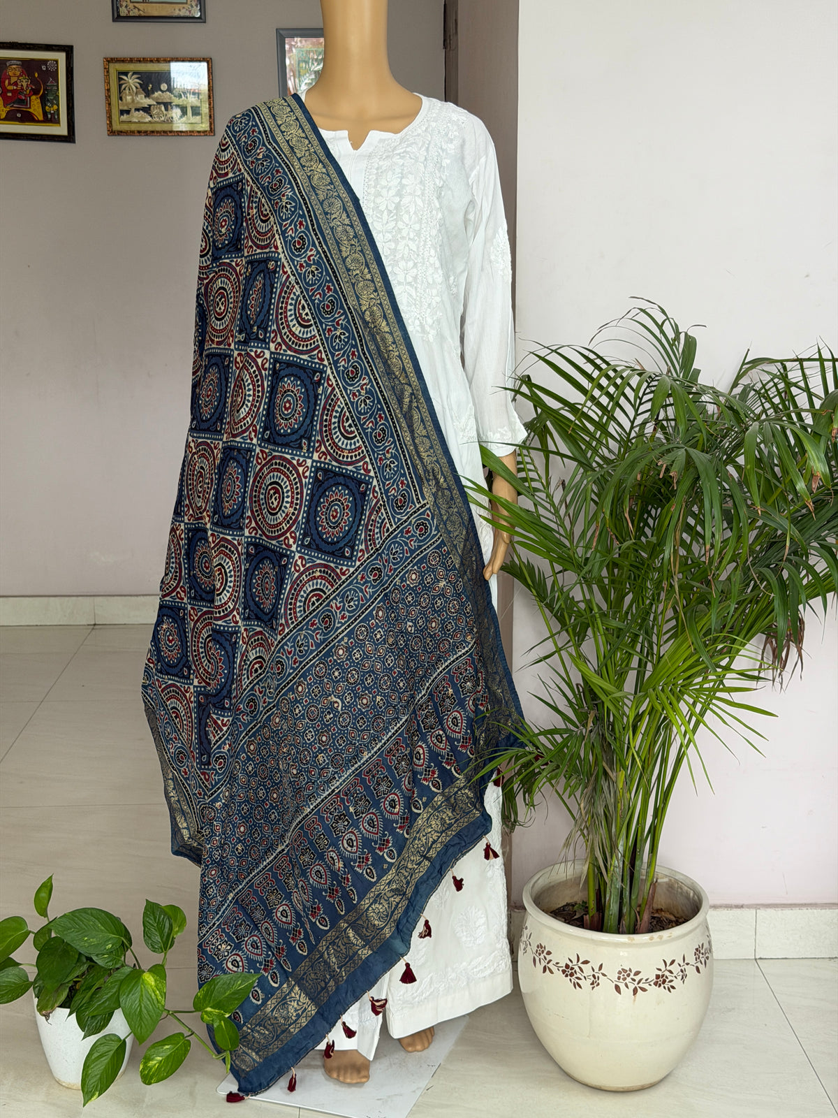 Ajrakh Dola Silk Dupatta With Zari Weaved Border