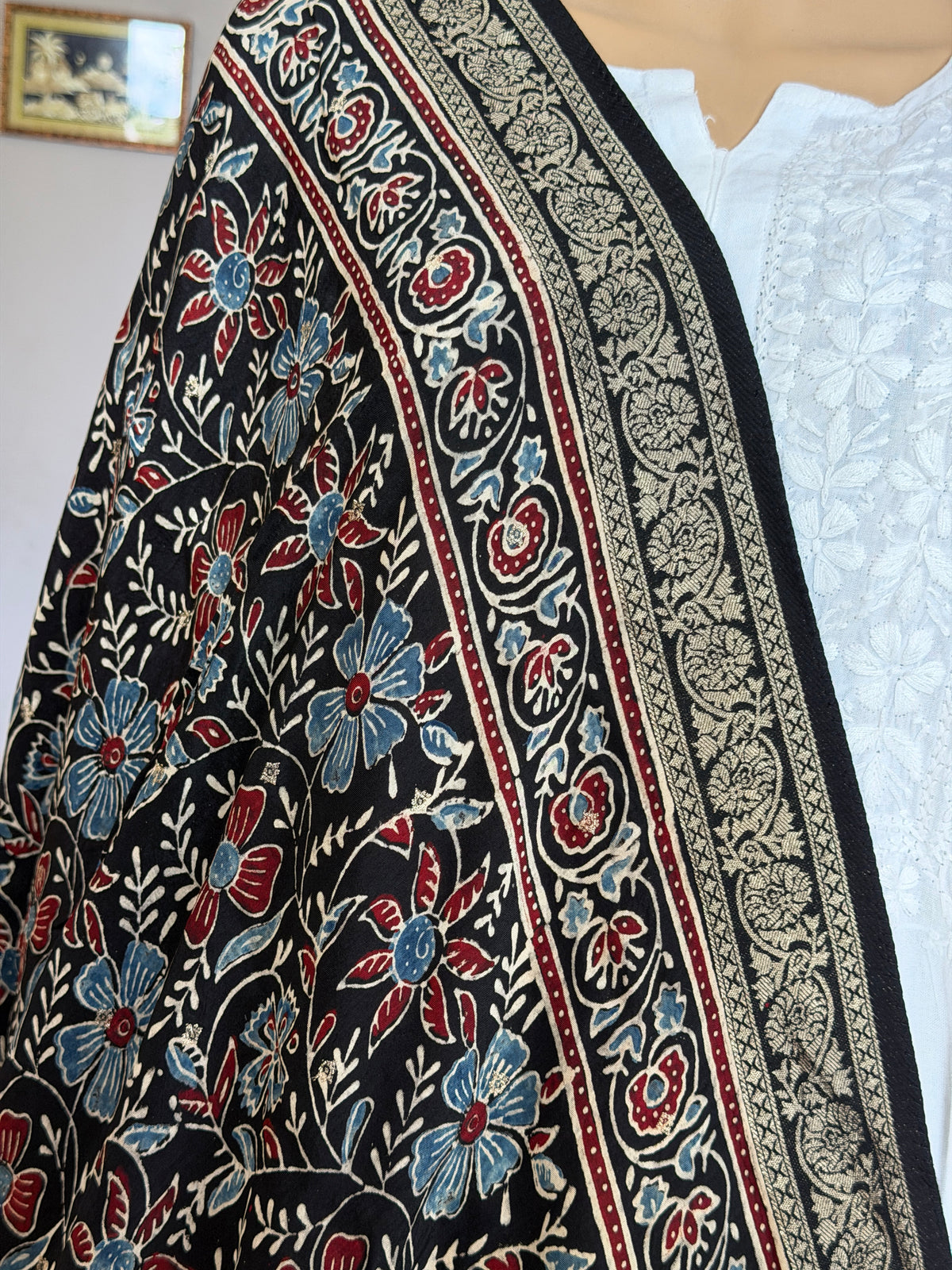 Ajrakh Dola Silk Dupatta With Zari Weaved Border