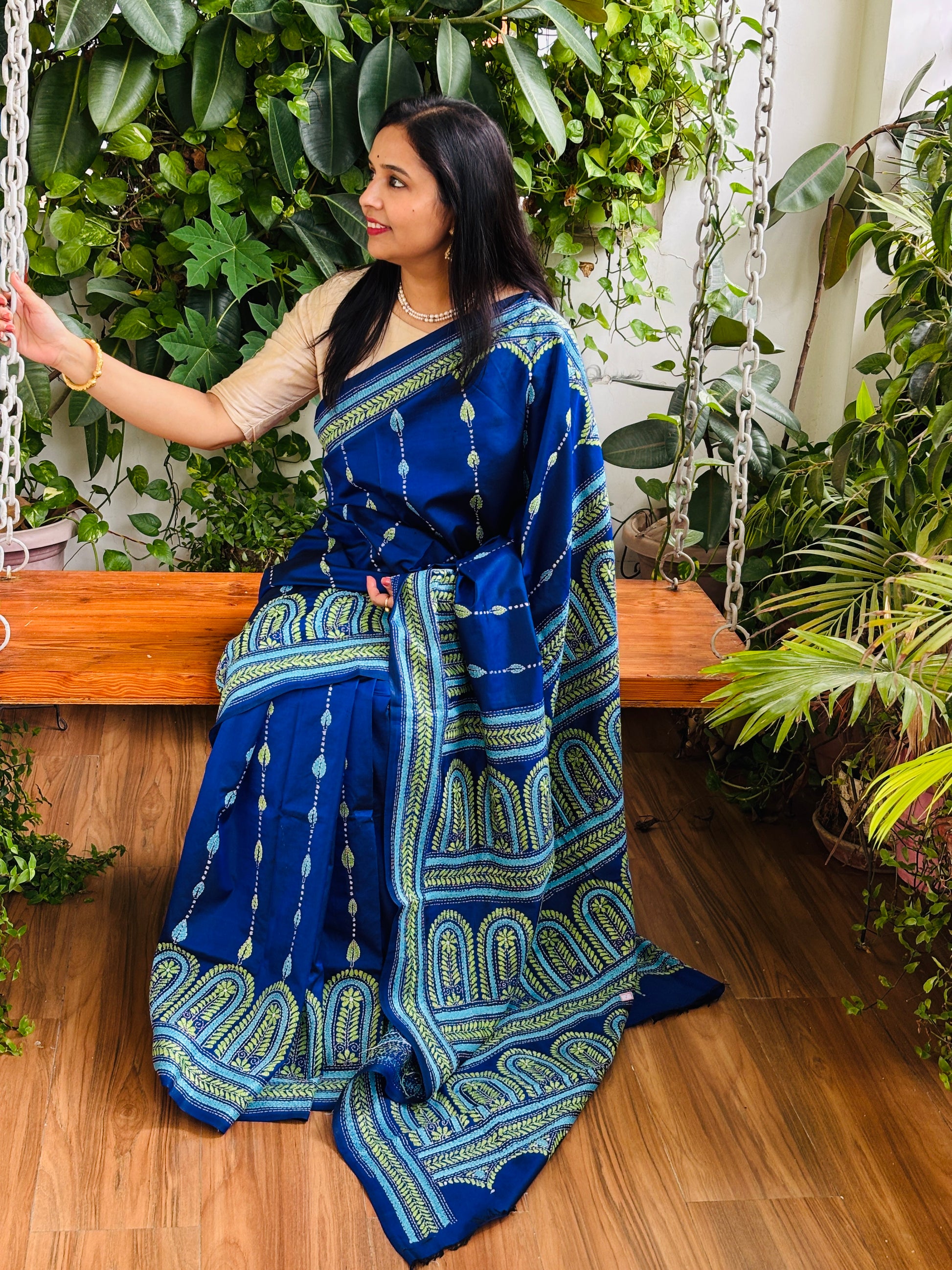 Kantha hand embroidered bangalore silk saree sitting view