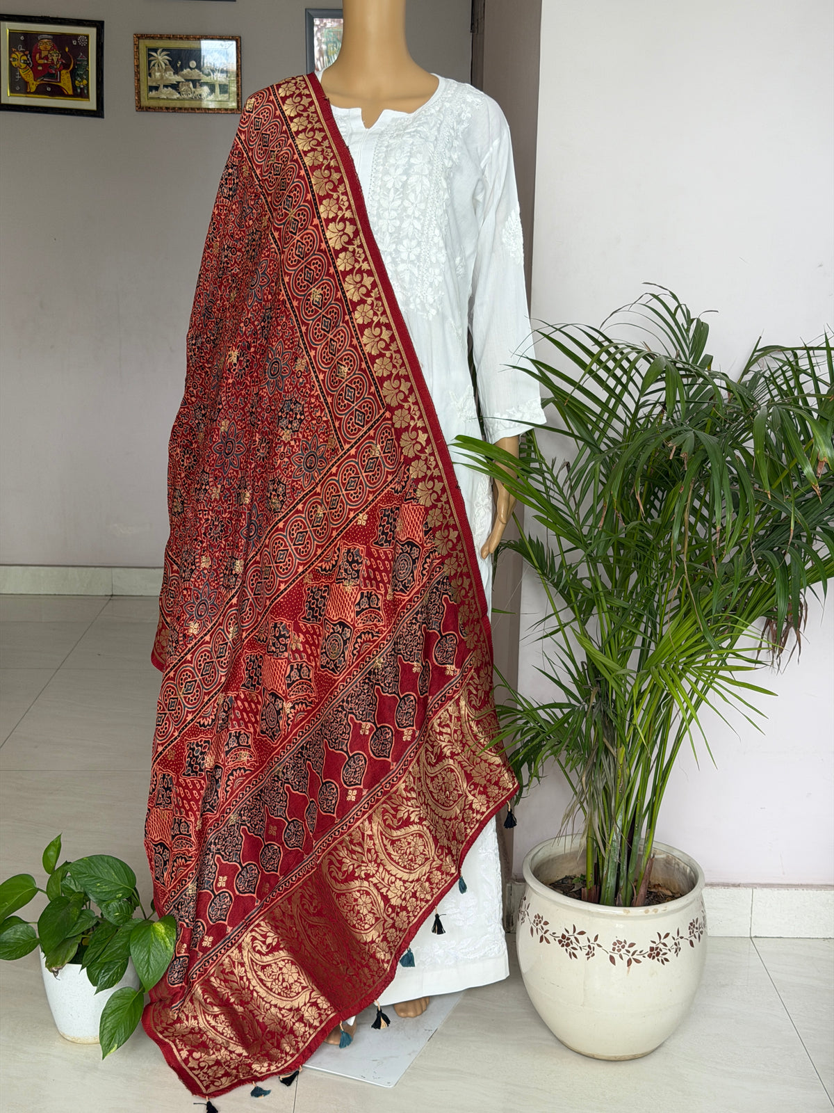 Ajrakh Dola Silk Dupatta With Zari Weaved Border