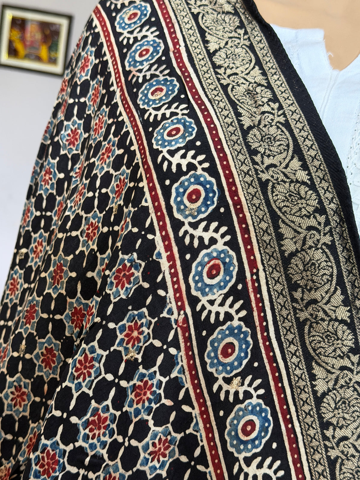 Ajrakh Dola Silk Dupatta With Zari Weaved Border