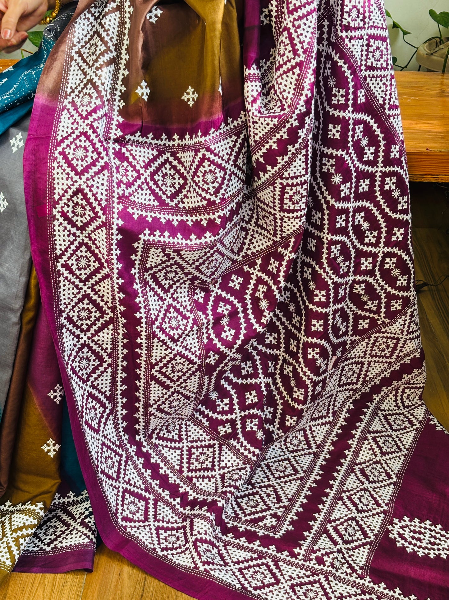 Gujarati Hand Embroidered Pure Bangalore Silk Saree in Multi Colour Tie and Dyed Body and Purple Palla