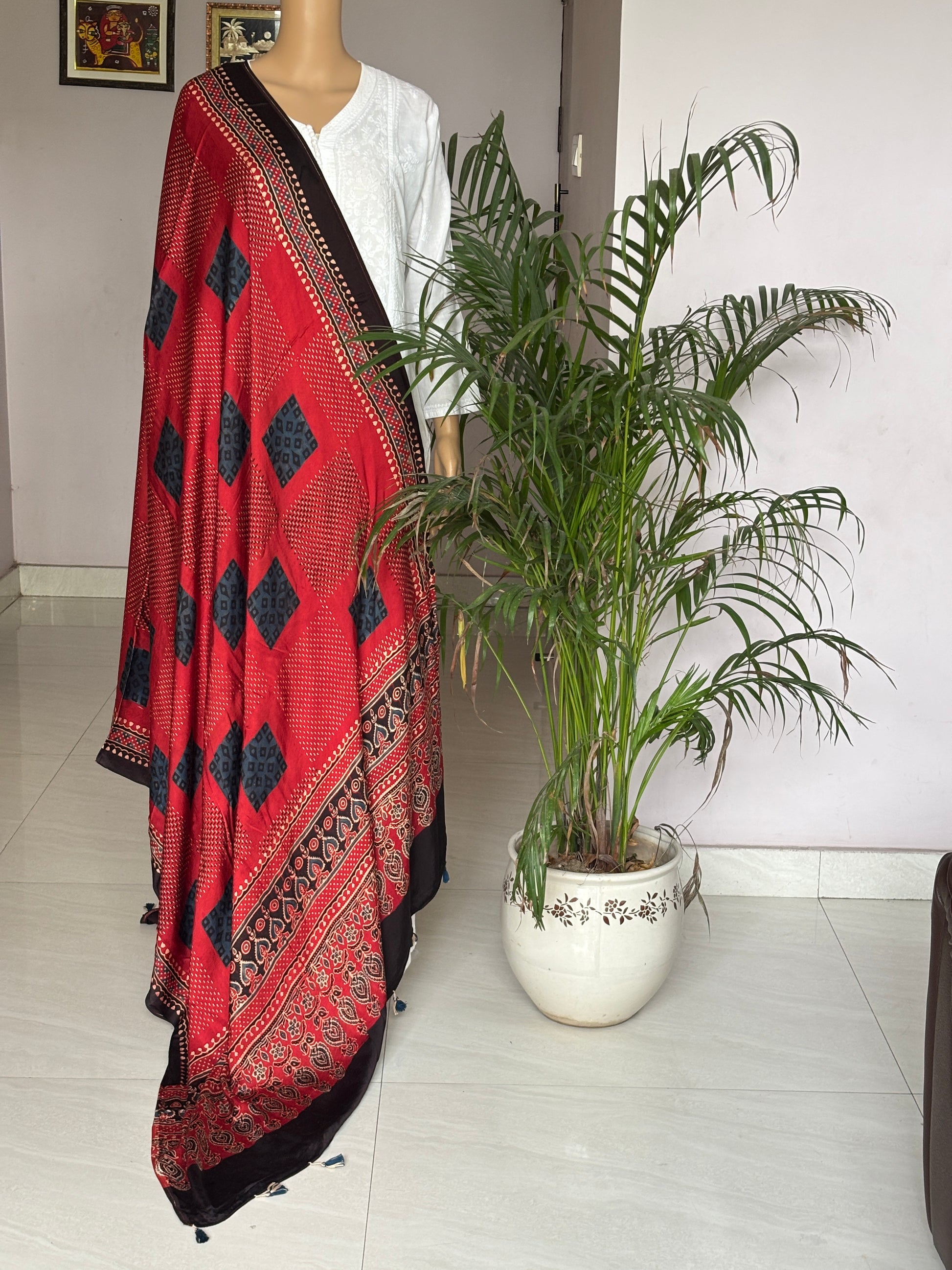Madder Colour Dupatta With Contemporari Motif,ajrakh modal dupatta, view