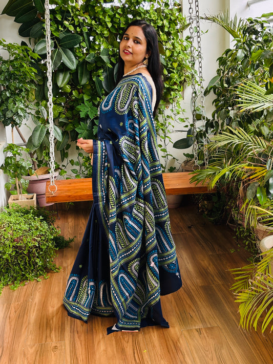 Kantha hand embroidered bangalore silk saree front view