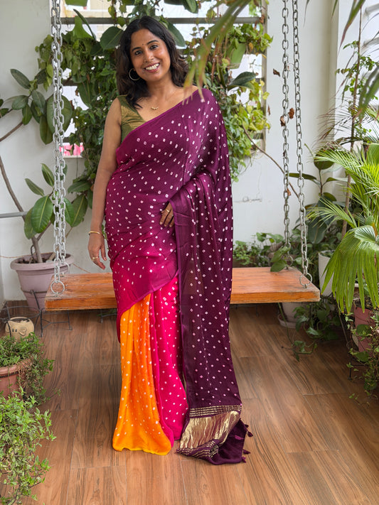 Modal Multi Shaded Bandhej Saree