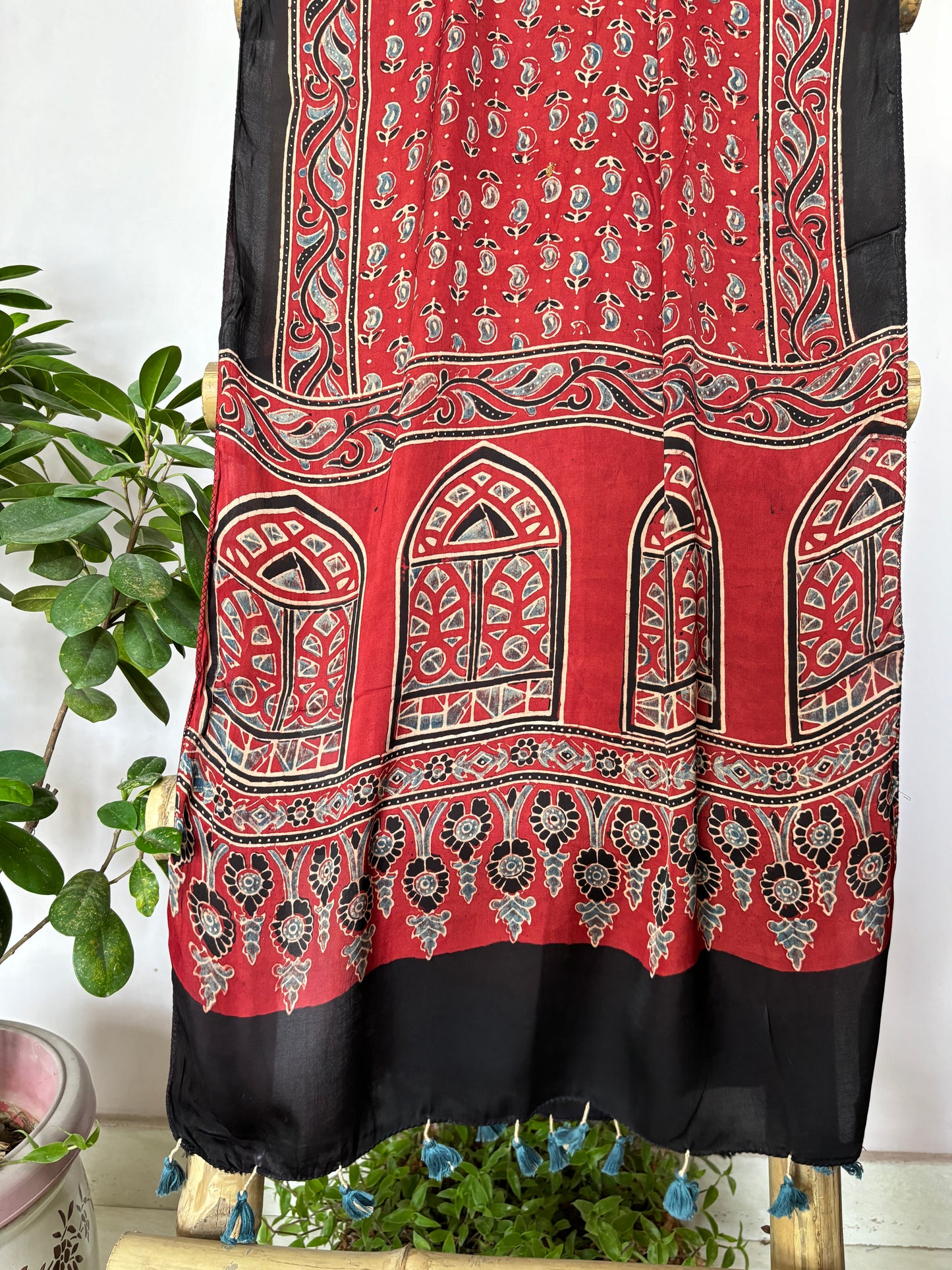 Ajrakh Stole- Natural Dyed Red Colour Small Floral Motif Stole