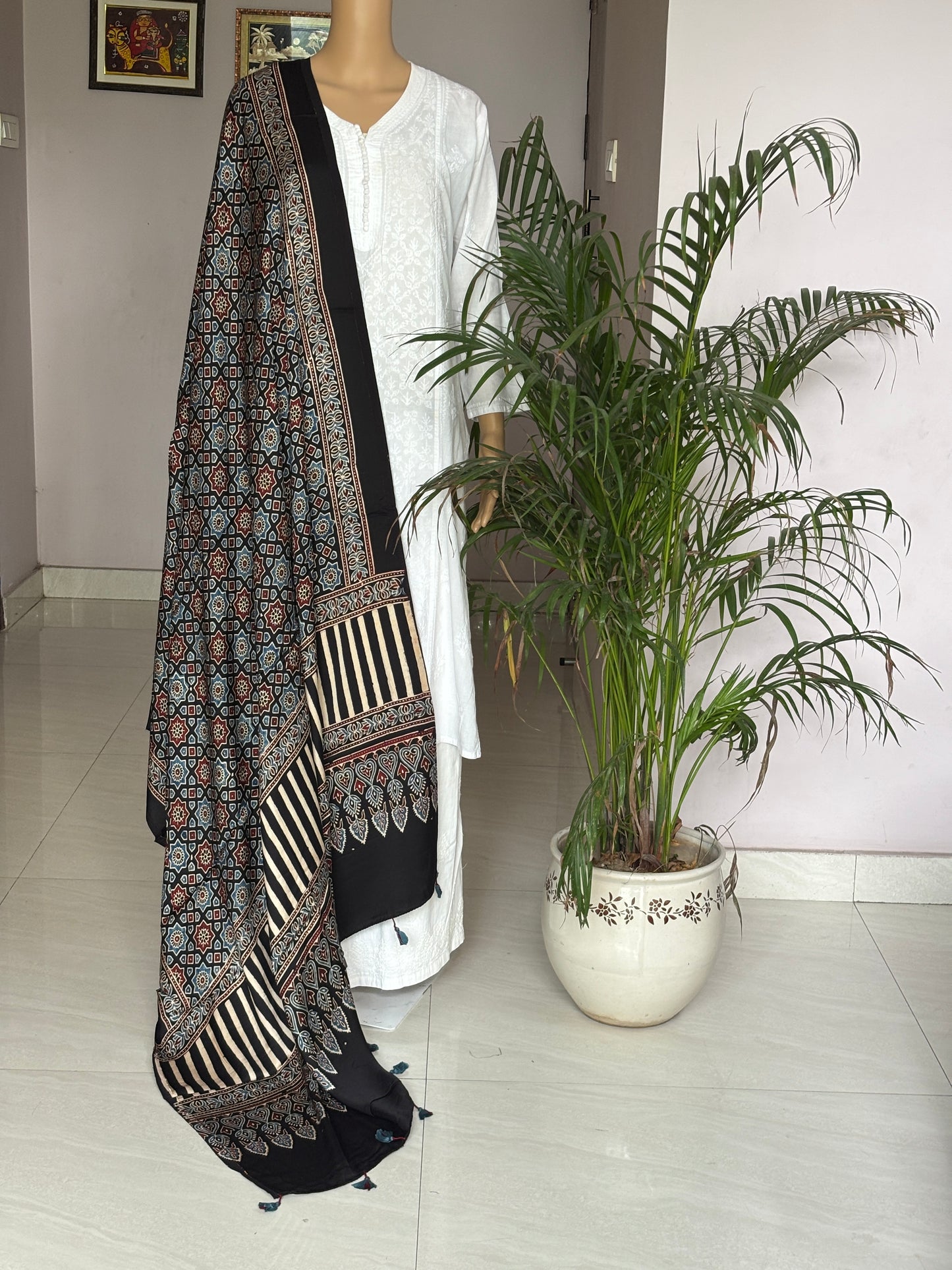 Ajrakh Modal Black Dupatta With Geometrical Pattern,star motif,front view.