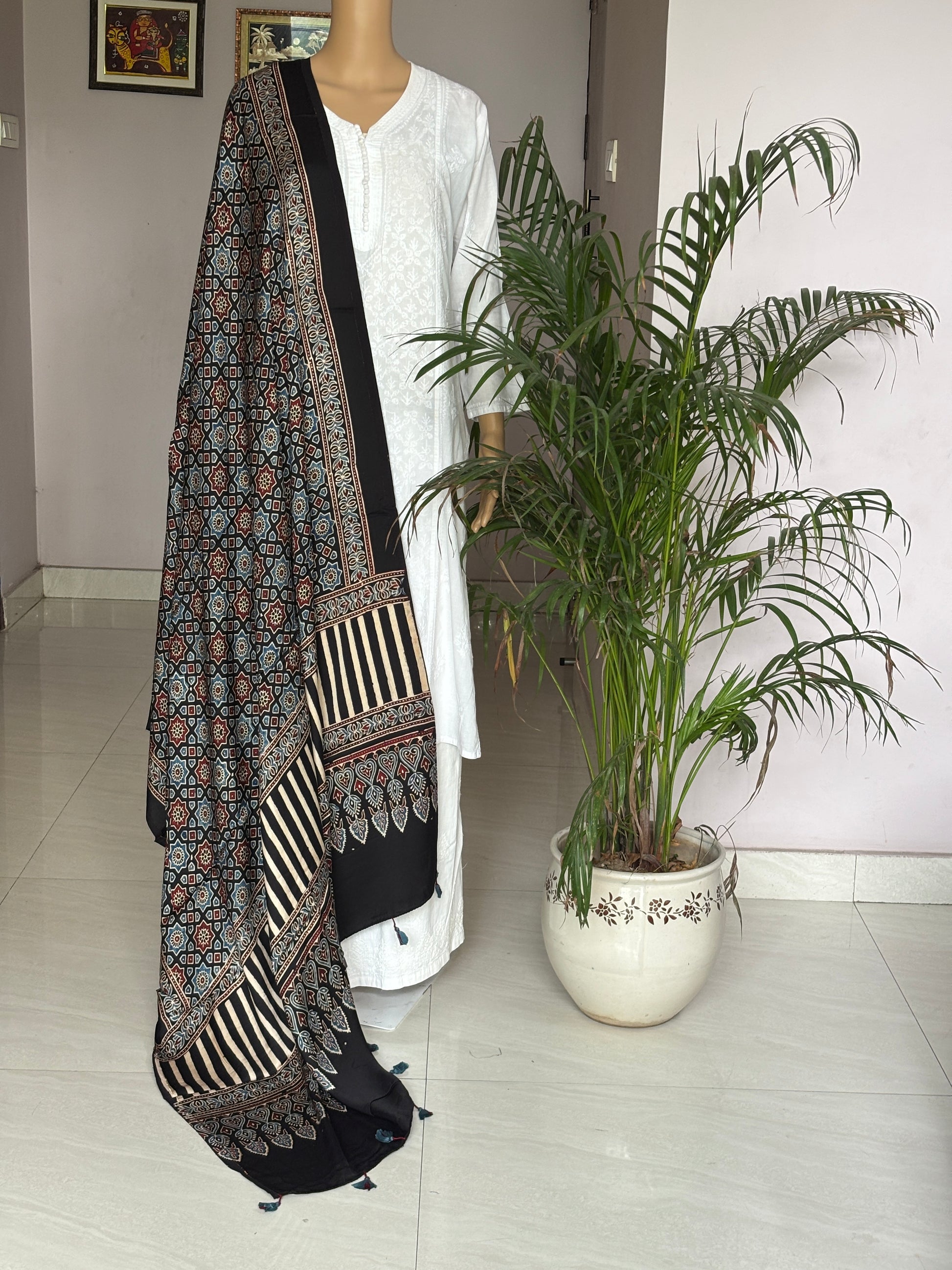 Ajrakh Modal Black Dupatta With Geometrical Pattern,star motif,front view.