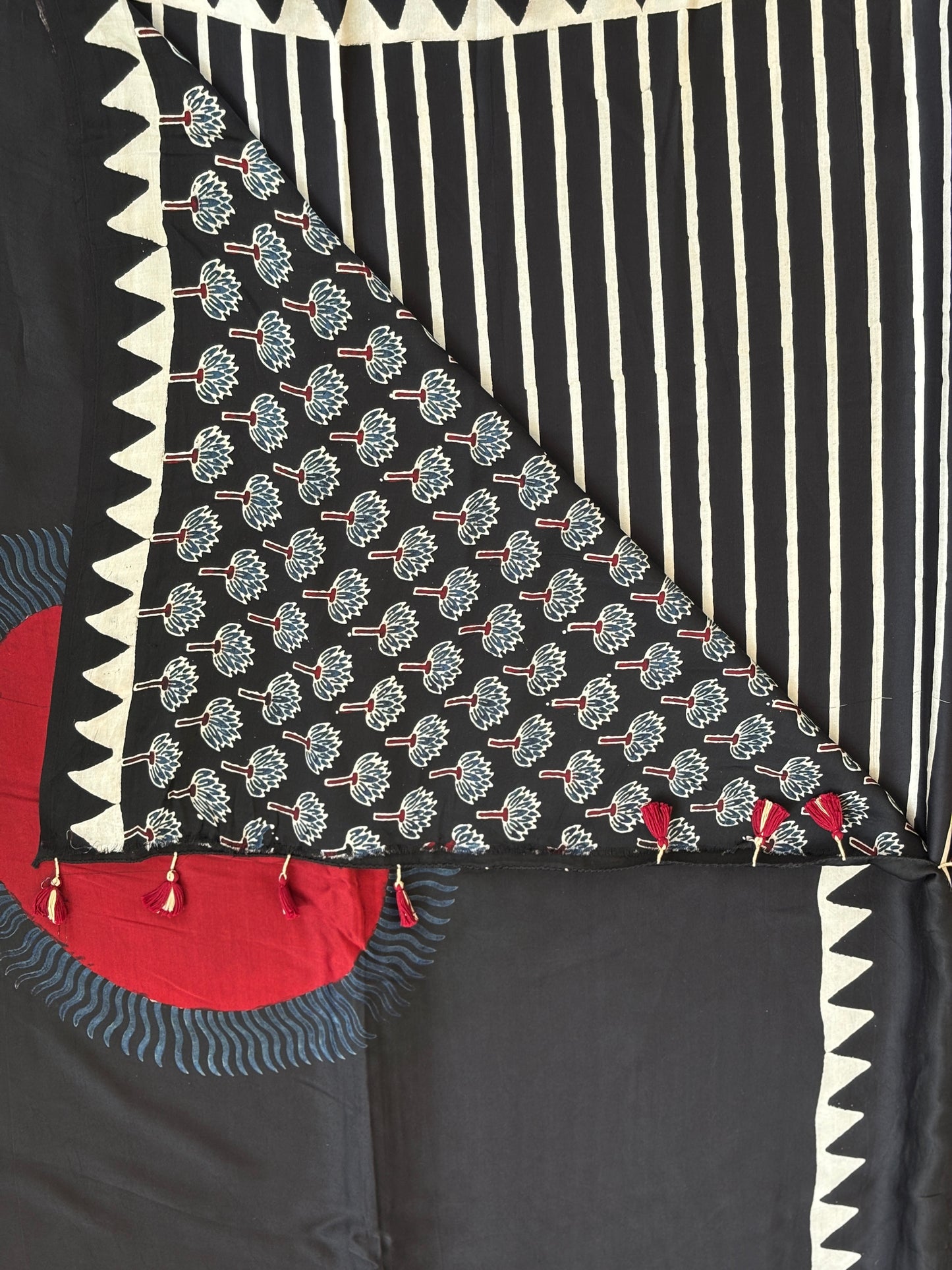 Black Ajrakh Hand Block Printed Modal Saree, Blouse 