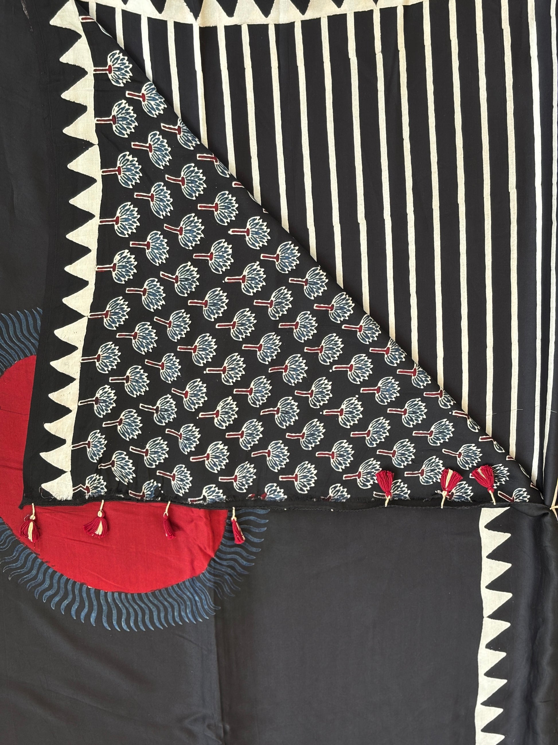 Black Ajrakh Hand Block Printed Modal Saree, Blouse 