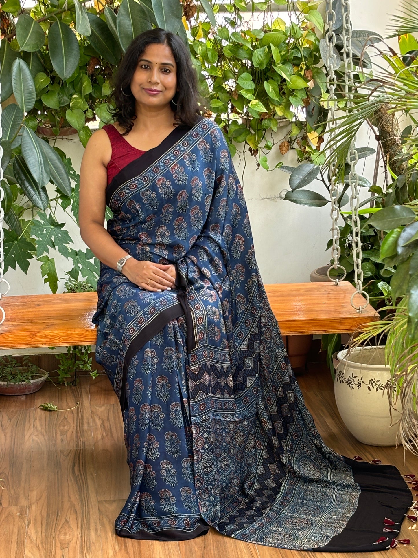 Ajrakh saree, ajrakh modal saree, Sitting view.