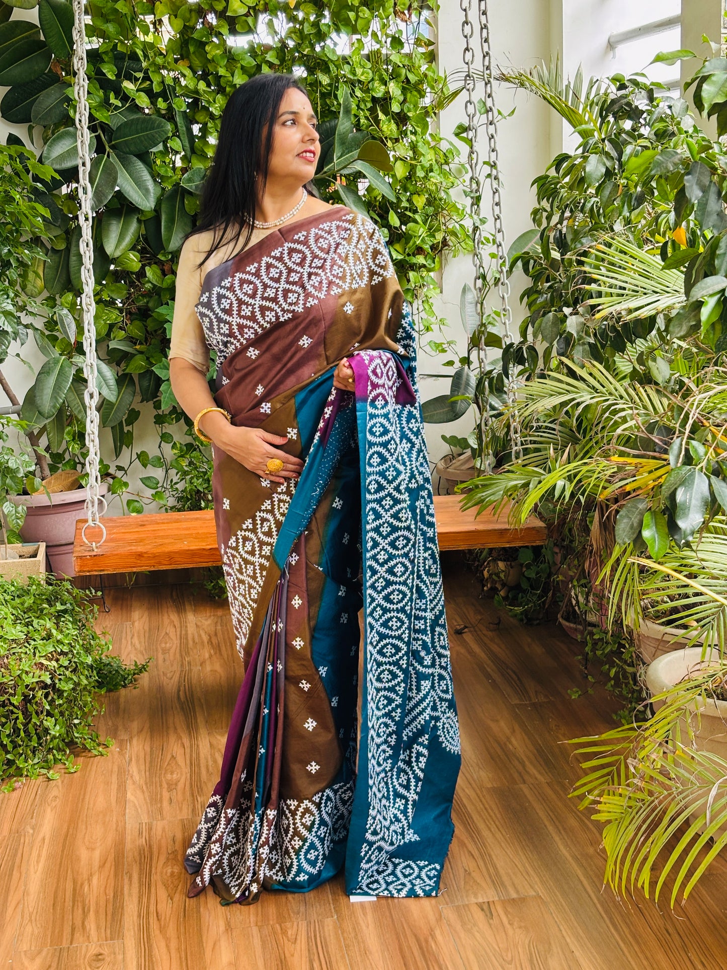 Gujarati Hand Embroidered Pure Bangalore Silk Saree in Multi Colour Tie and Dyed Body and Blue Palla