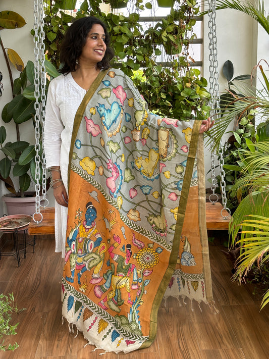 Dupatta- Srikalahasti Pen Kalamkari Hand Painted Silk Cotton With Zari Weaved Border Dupatta