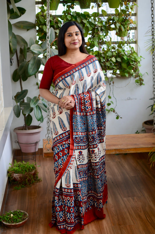 Alpana (Natural Dyed Ajrakh Pale Ivory and Madder Cloour Ashoka Motif Modal Saree)