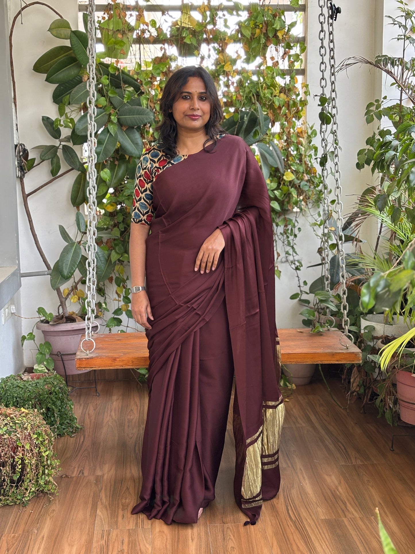 Chocolate Colour Modal Plain Saree With Lagdi Palla