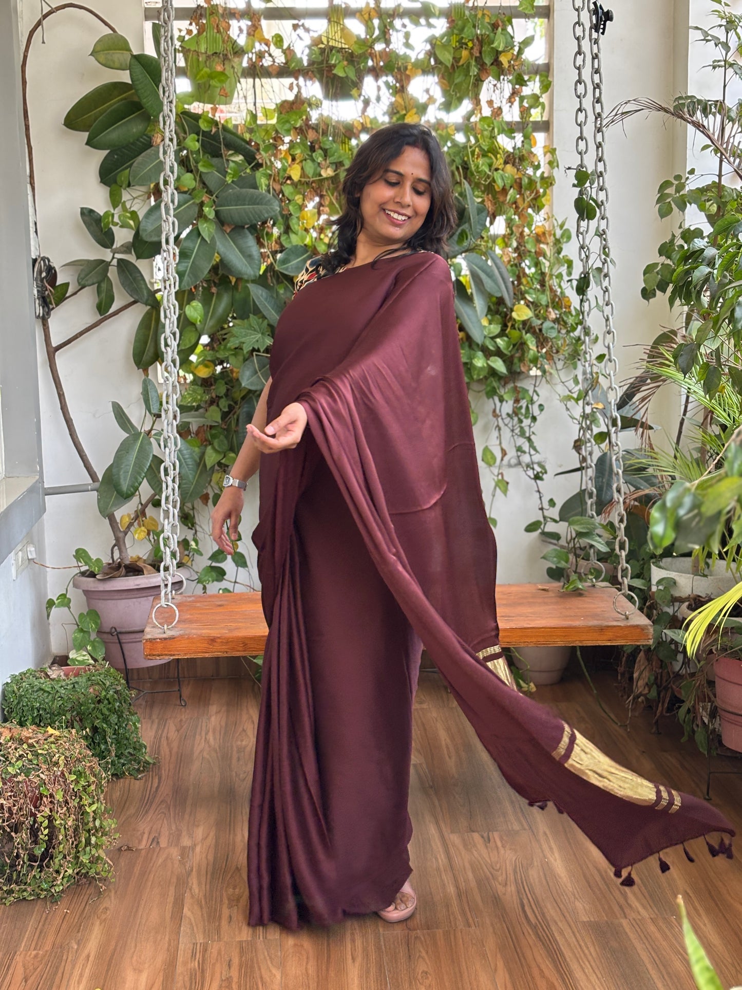 Chocolate Colour Modal Plain Saree With Lagdi Palla