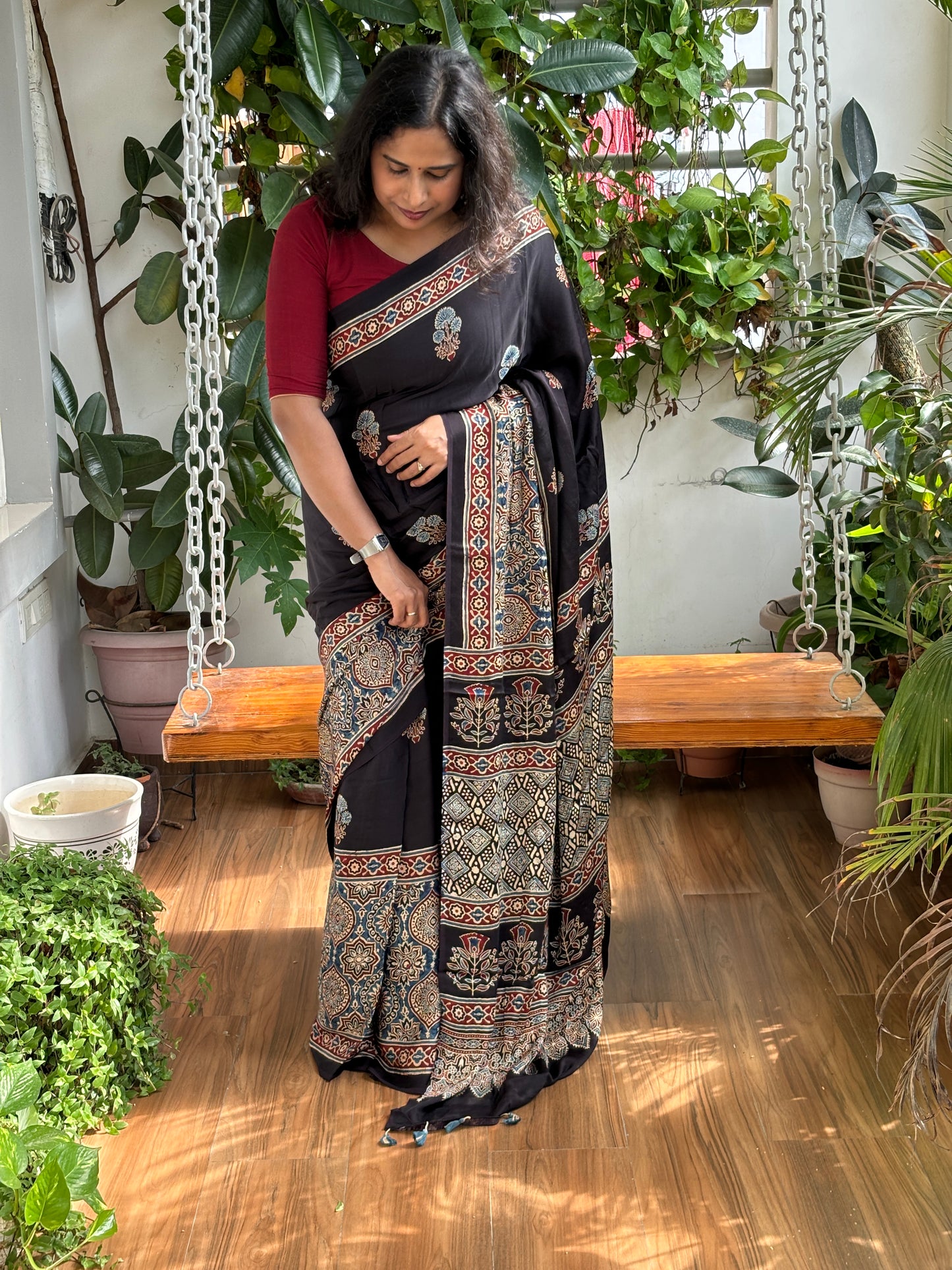 Joya - Natural Dye  Black Modal Premium Saree With Indigo Skirt with Badamduta Motif