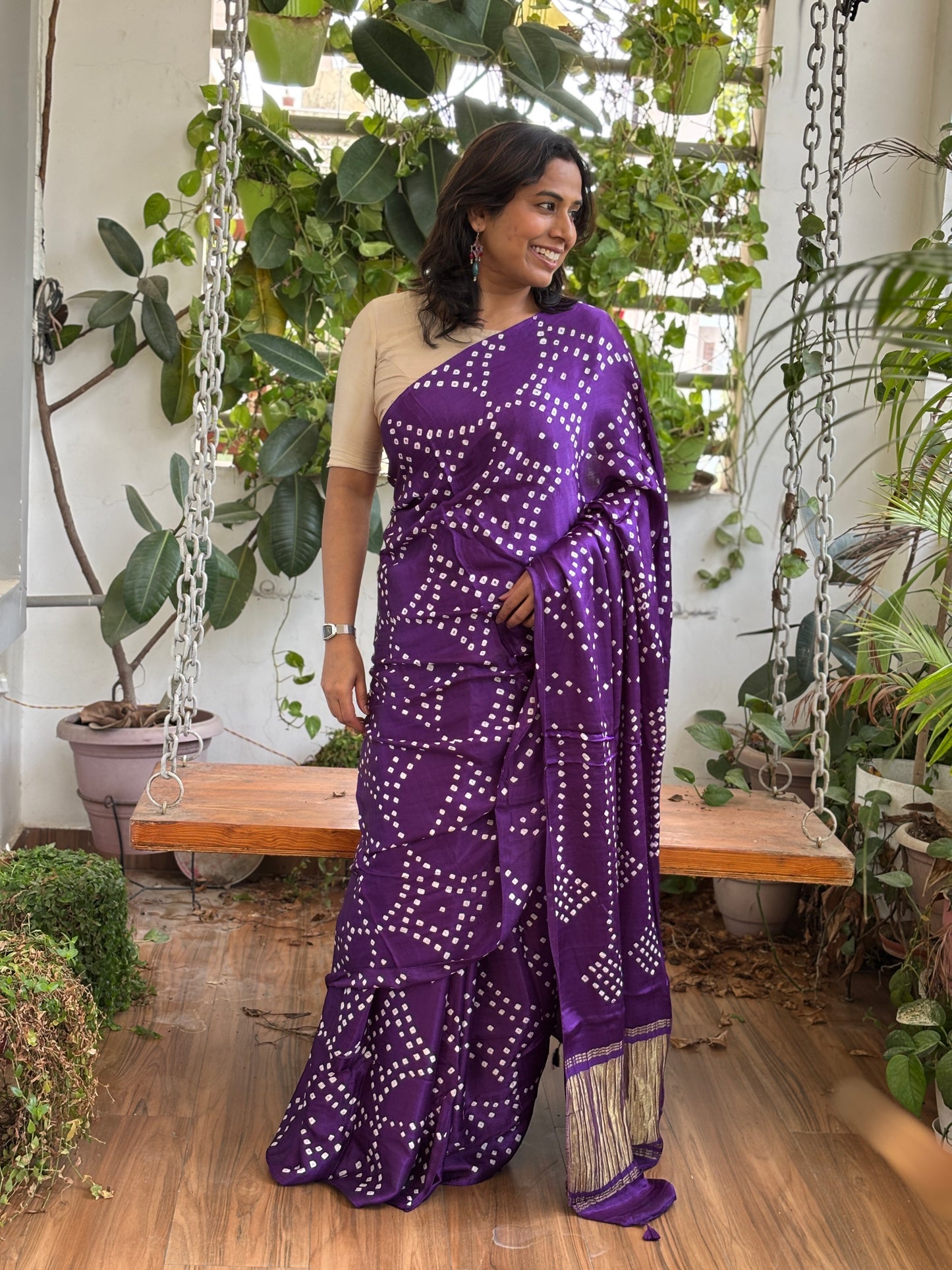 Solid Colour Semi Modal Saree with Bandhej and Tissue Palla