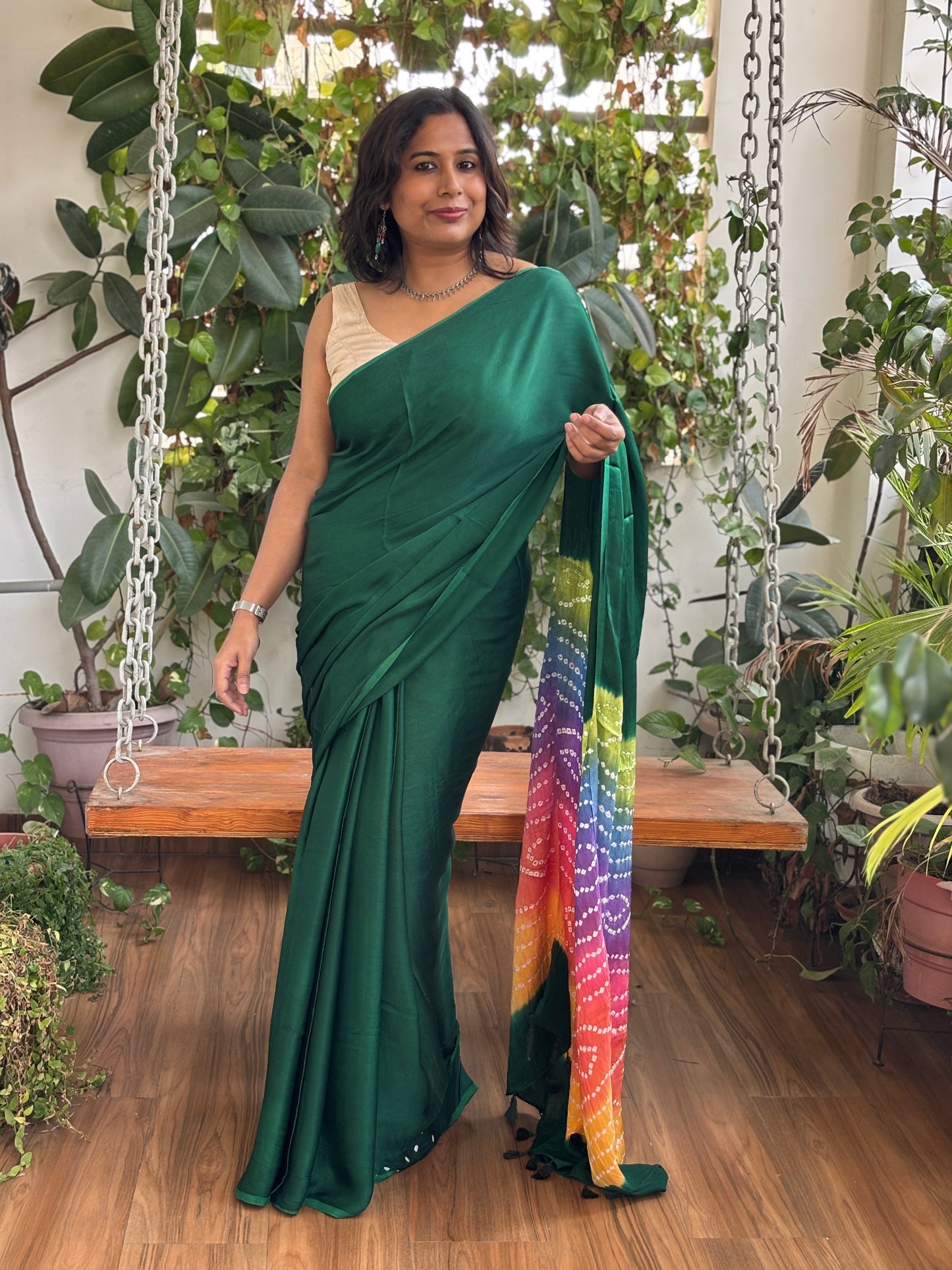Green Solid Colour  Semi Modal Saree with Multi Colour Bandhej Palla