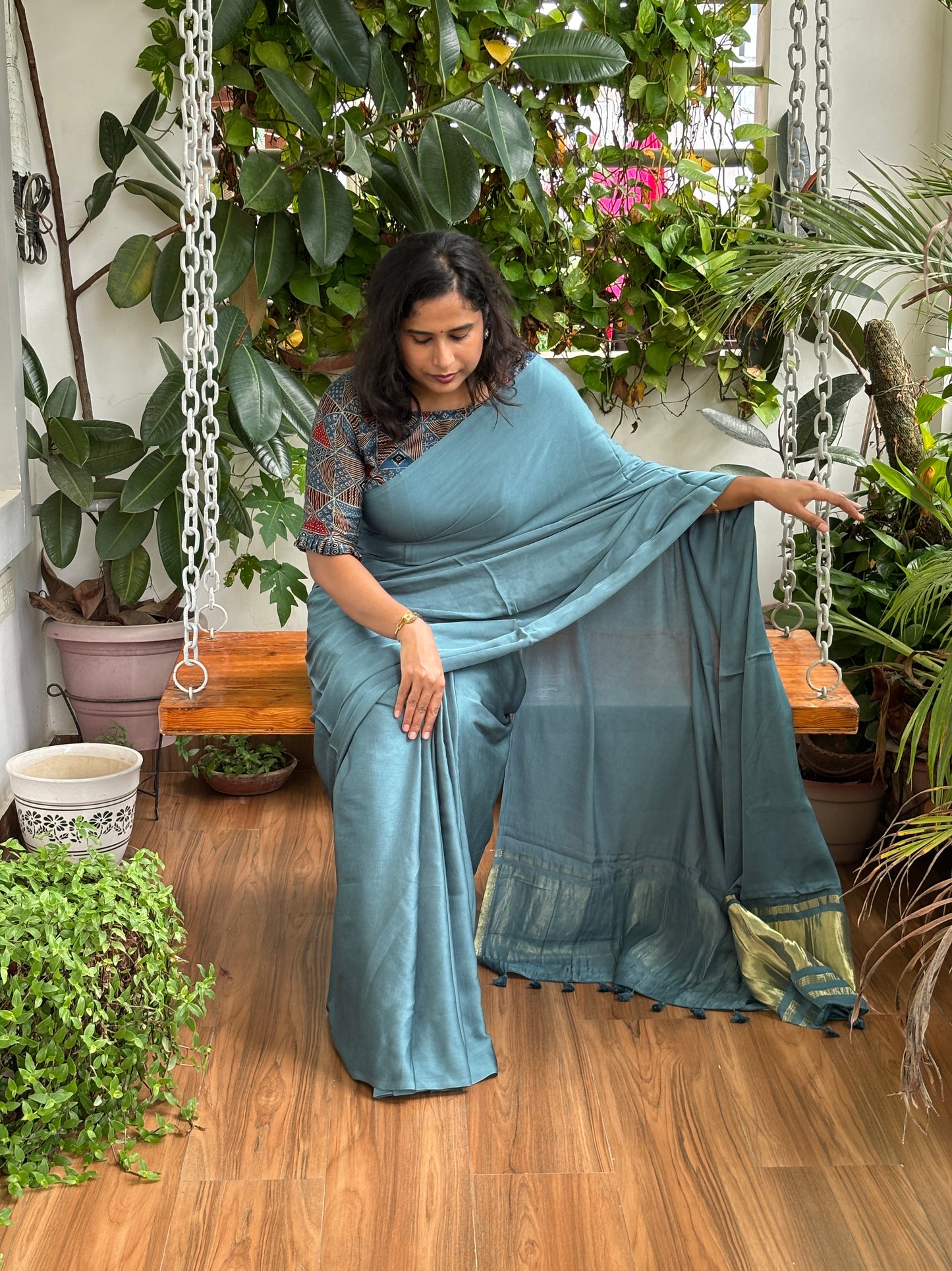 Ash Blue Colour Modal Plain Saree With Lagdi Palla