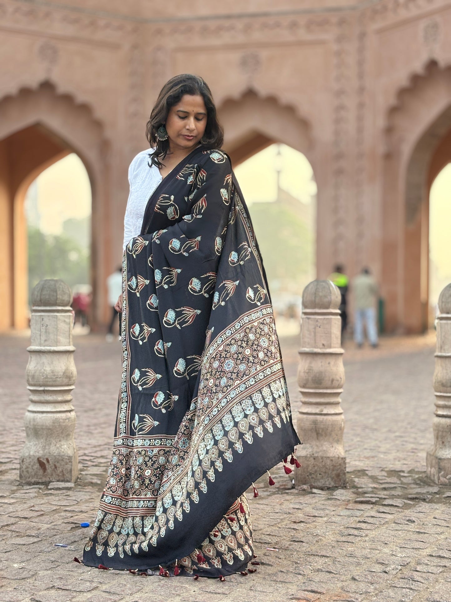 Black Big Floral Stalk Contemporary Dupatta,ajrakh modal black dupatta,side view.