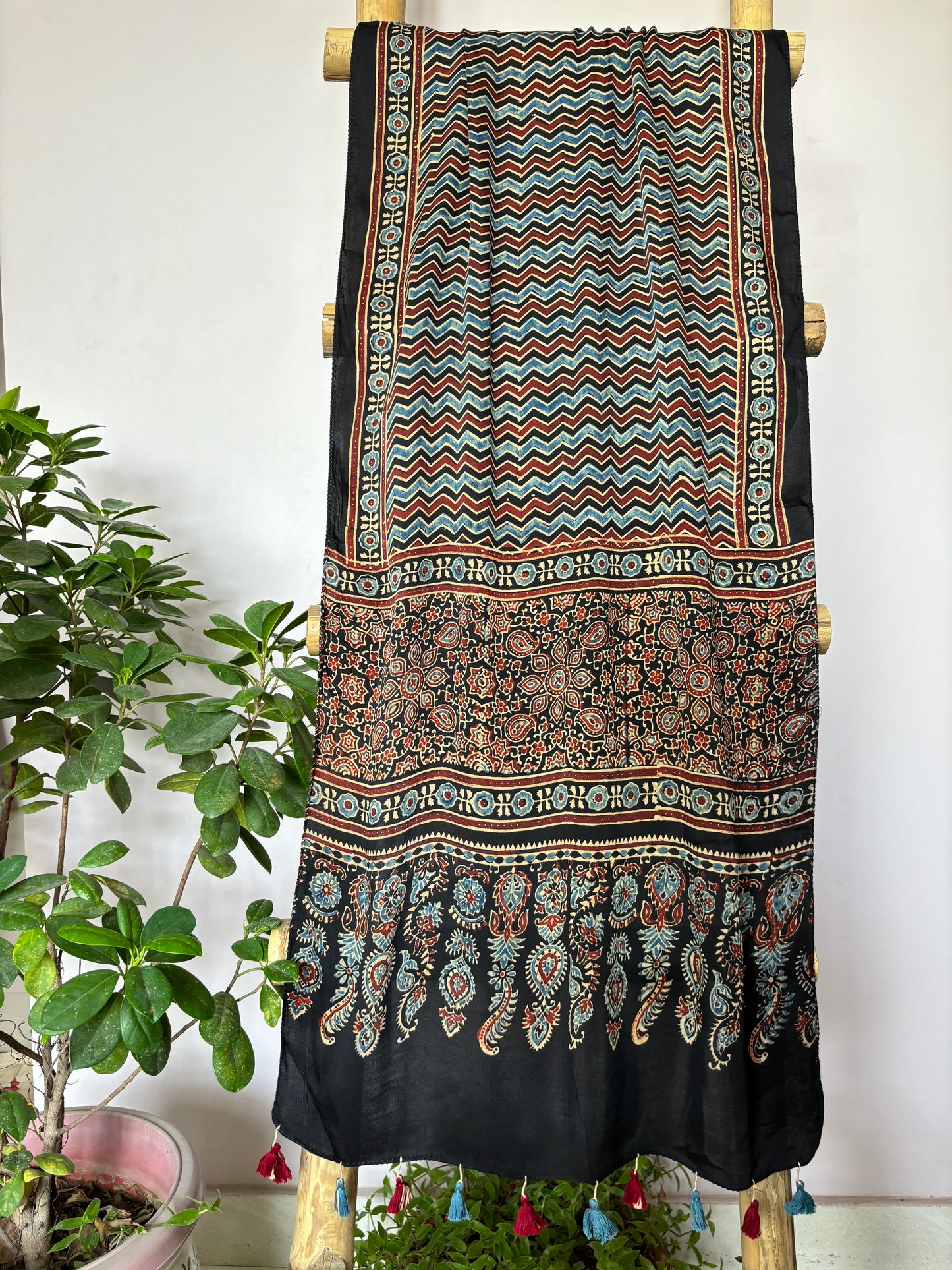 Ajrakh Stole- Black Indigo and Madder Zig zag Contemporary Stole