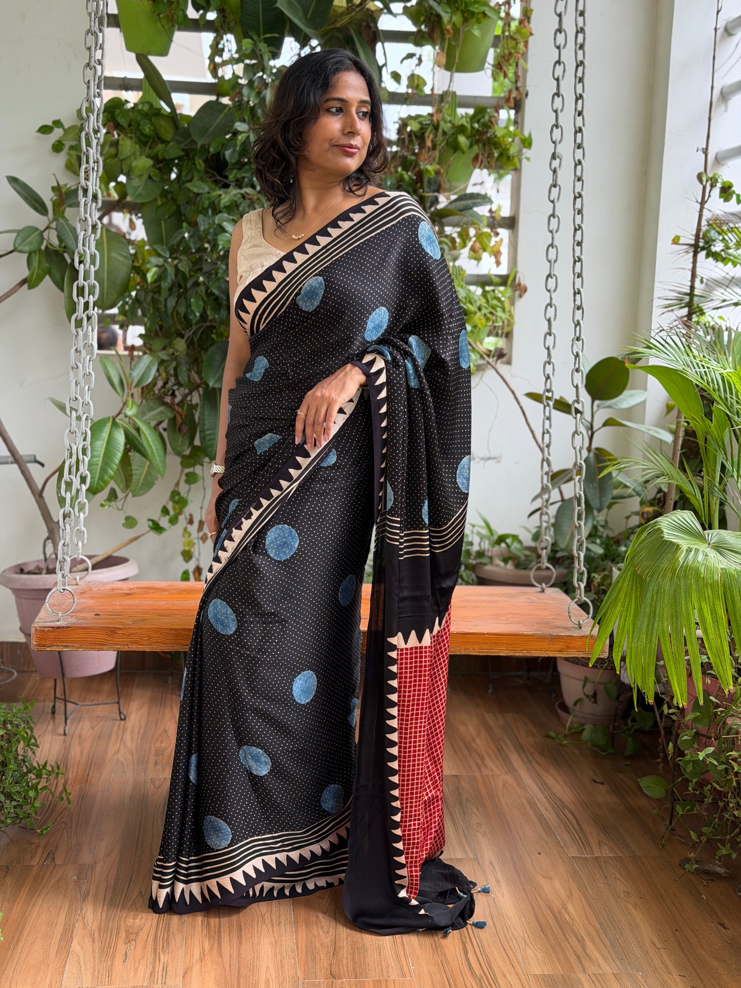 Ajrakh Modal Black and Indigo Contemporary Saree