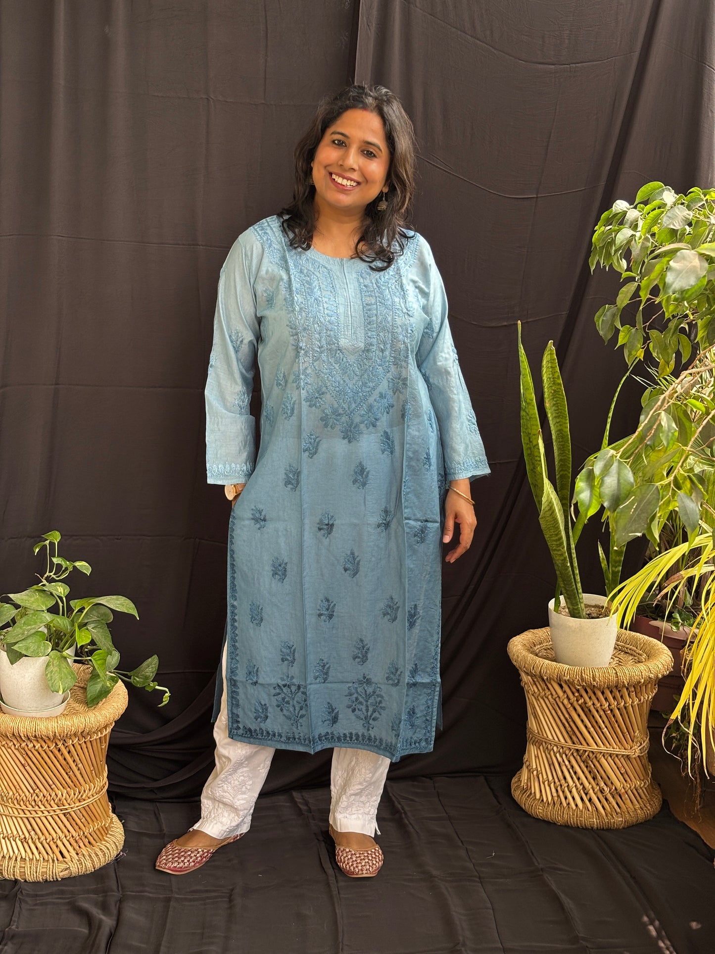 Chanderi Cotton Chikan Hand Embroidered Ombre Dyed Kurti