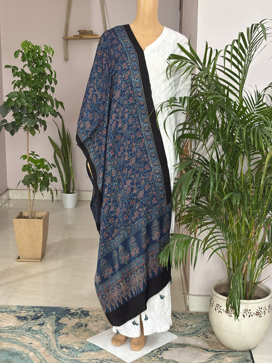 Indigo Natural Dyed Ajrakh Floral Jaal Modal Stole