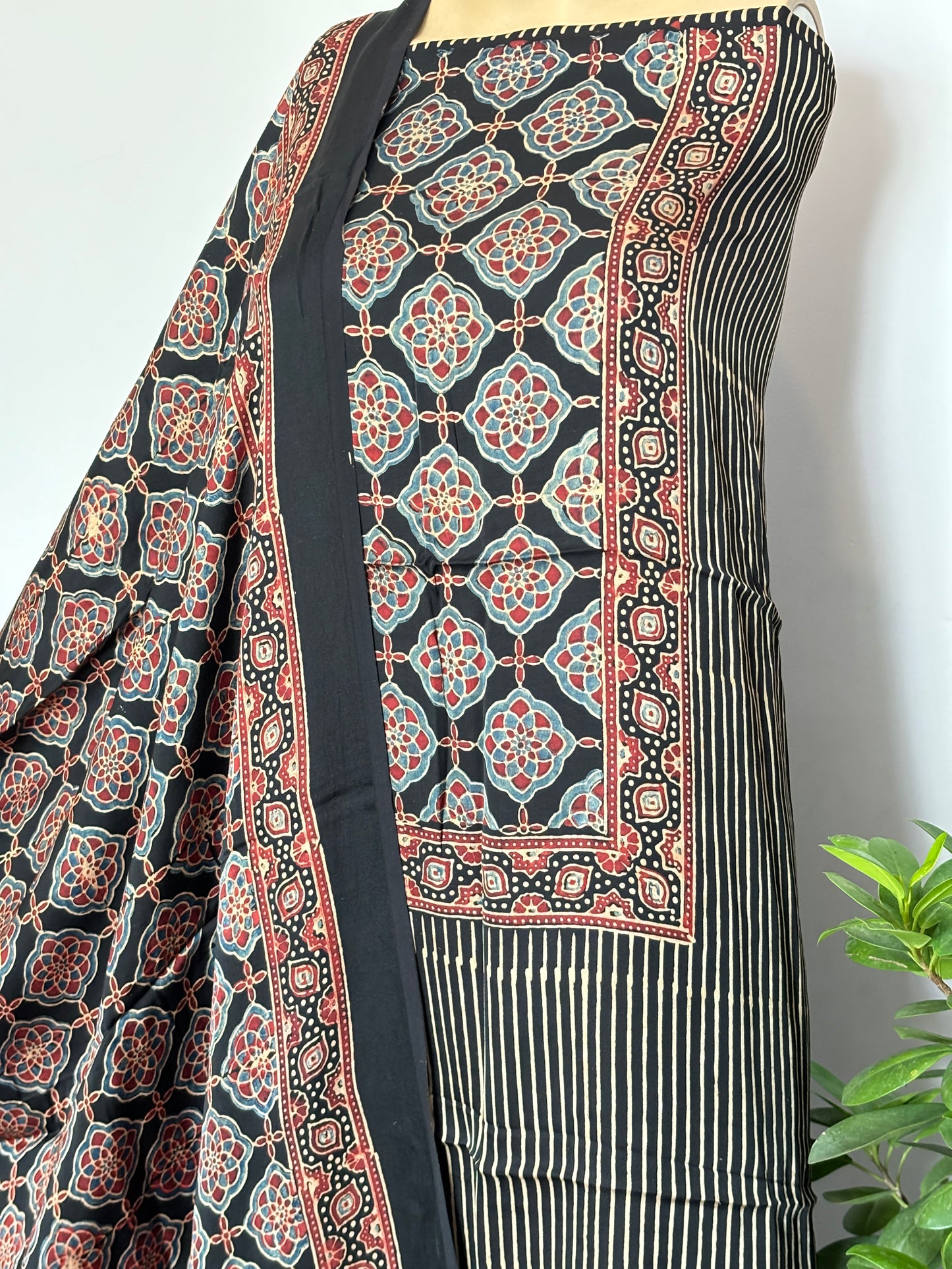 Natural Dyed Ajrakh Black Colour Front Panel with Stripe Shirt and Contemporary Motif Dupatta