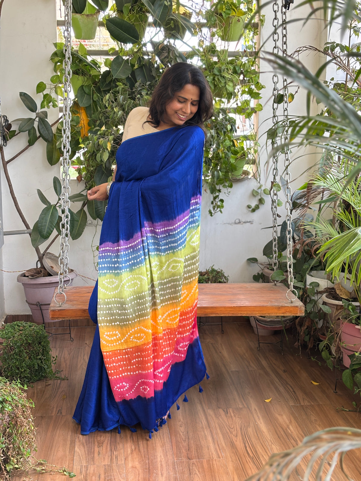 Blue Solid Colour Modal Saree with Multi Colour Bandhej Palla