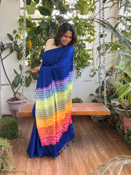 Blue Solid Colour  Semi Modal Saree with Multi Colour Bandhej Palla